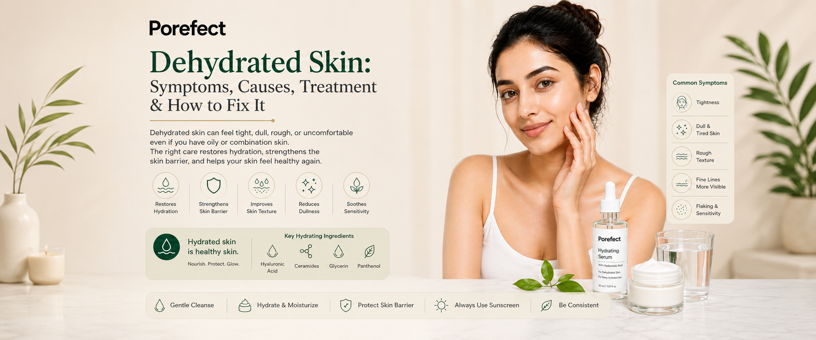Dehydrated skin symptoms and hydration skincare routine