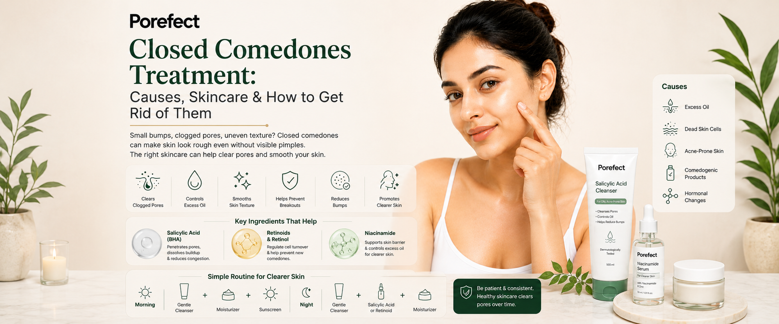 Closed comedones on face and skincare treatment routine