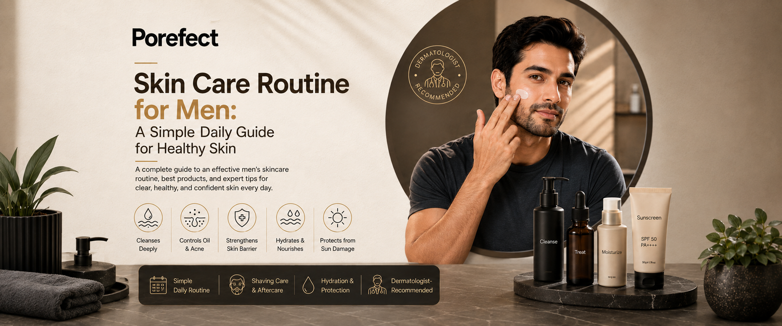 Skin care routine for men with cleanser moisturizer and sunscreen