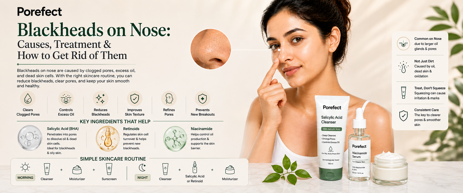 Blackheads on nose and skincare treatment for clogged pores