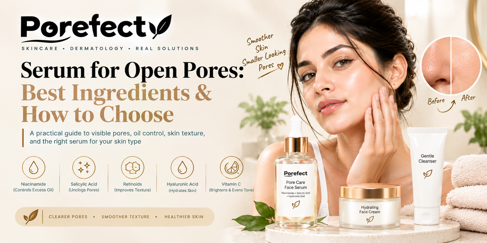 Serum for open pores with skincare products for smoother-looking skin